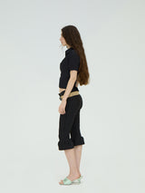 LEATHER BELT BLACK CAPRI FLARED PANTS