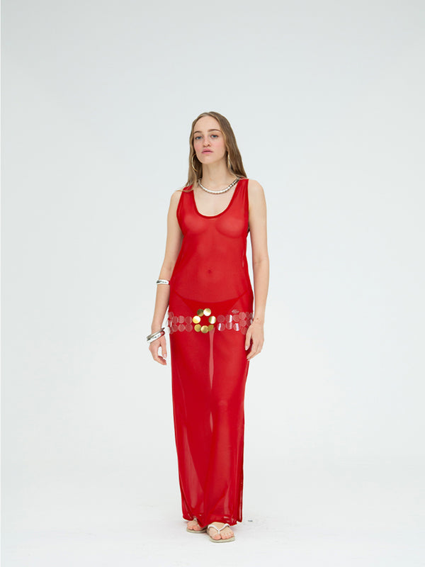 RED TRANSPARENT MAXI DRESS
