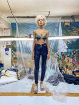 BLACK-TURQUOISE SEQUIN OYSTER BRA