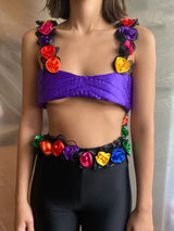 PURPLE YORGAN BRA WITH COLORFUL ROSES