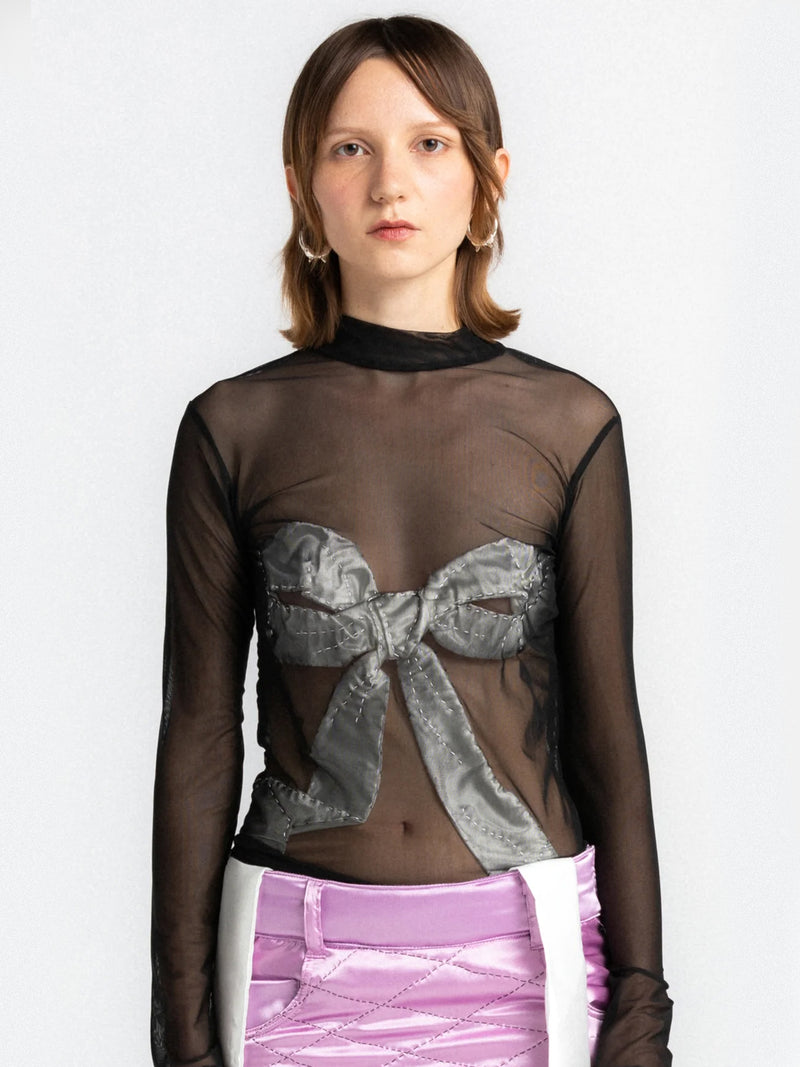 Black Nude Dissolved White Bow Top