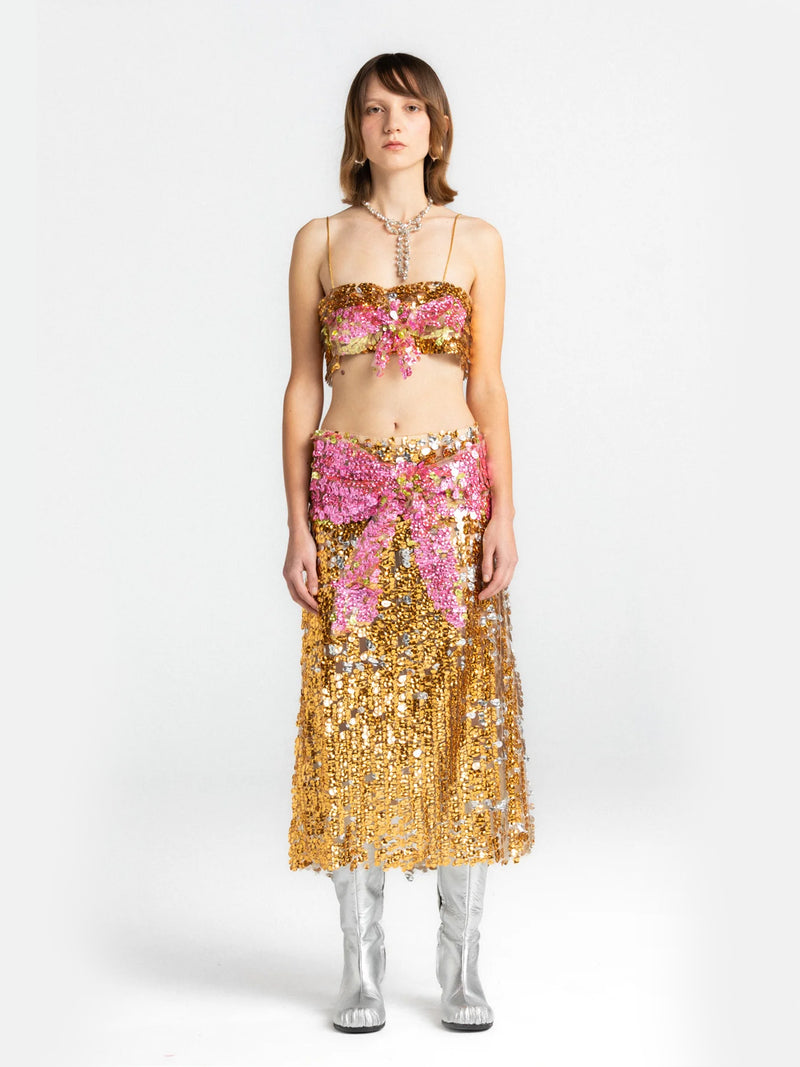 Gold & Pink Bow Sequin Midi Skirt