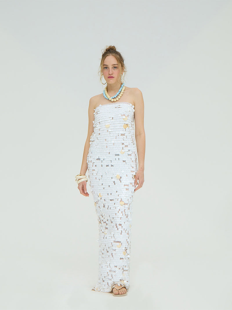WHITE SEQUIN MAXI DRESS