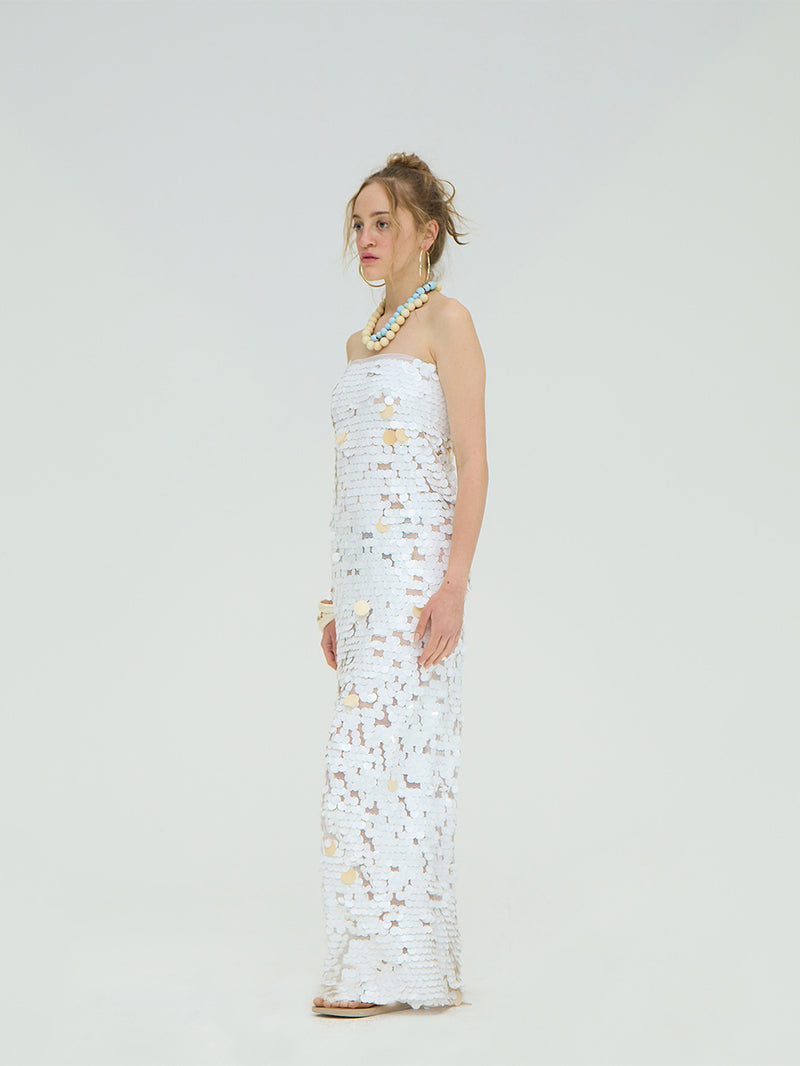 WHITE SEQUIN MAXI DRESS