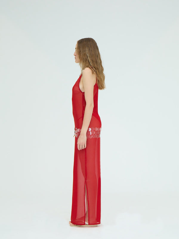 RED TRANSPARENT MAXI DRESS