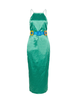 TURQUOISE PEACE SILK SATIN DRESS