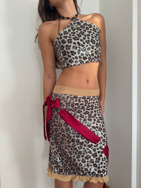 Leopard sequin bow midi skirt