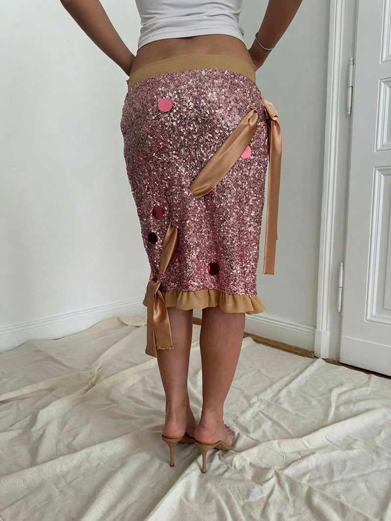 Pink sequin bow midi skirt