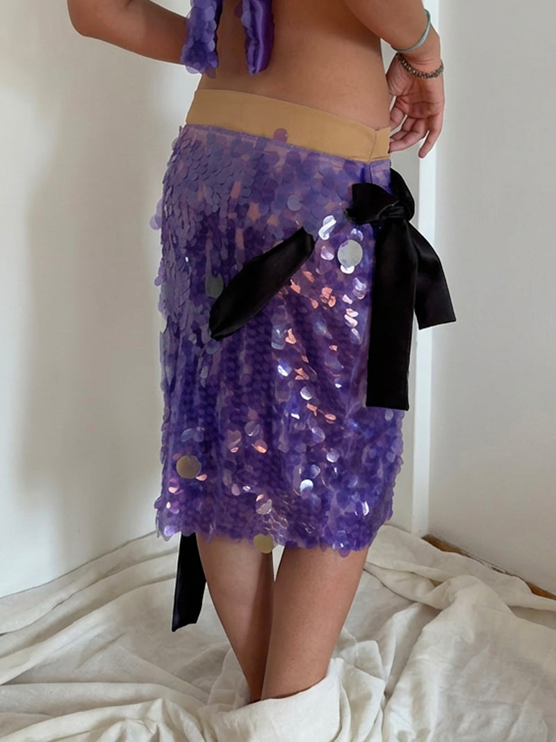Purple sequin bow midi skirt