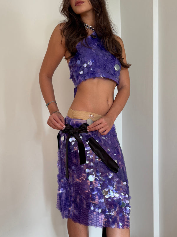 Purple sequin bow midi skirt