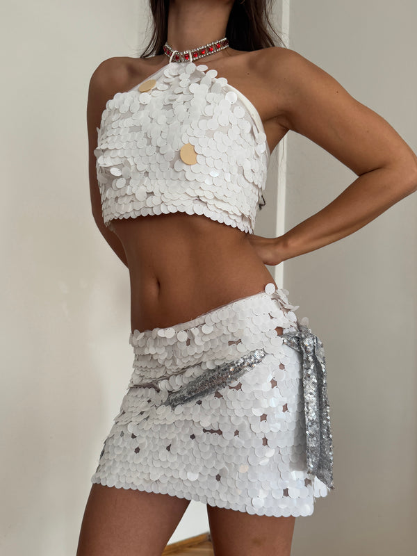 White sequin mini skirt