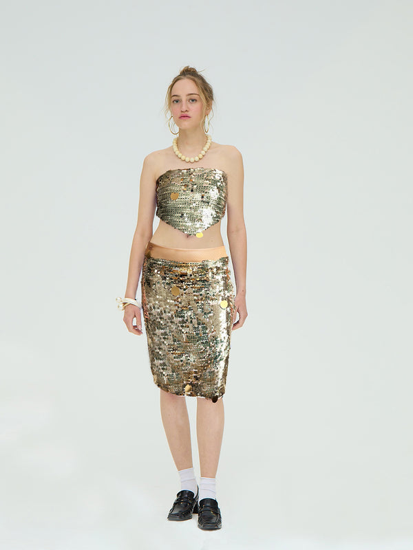 GOLD-GREEN SEQUIN MIDI SKIRT