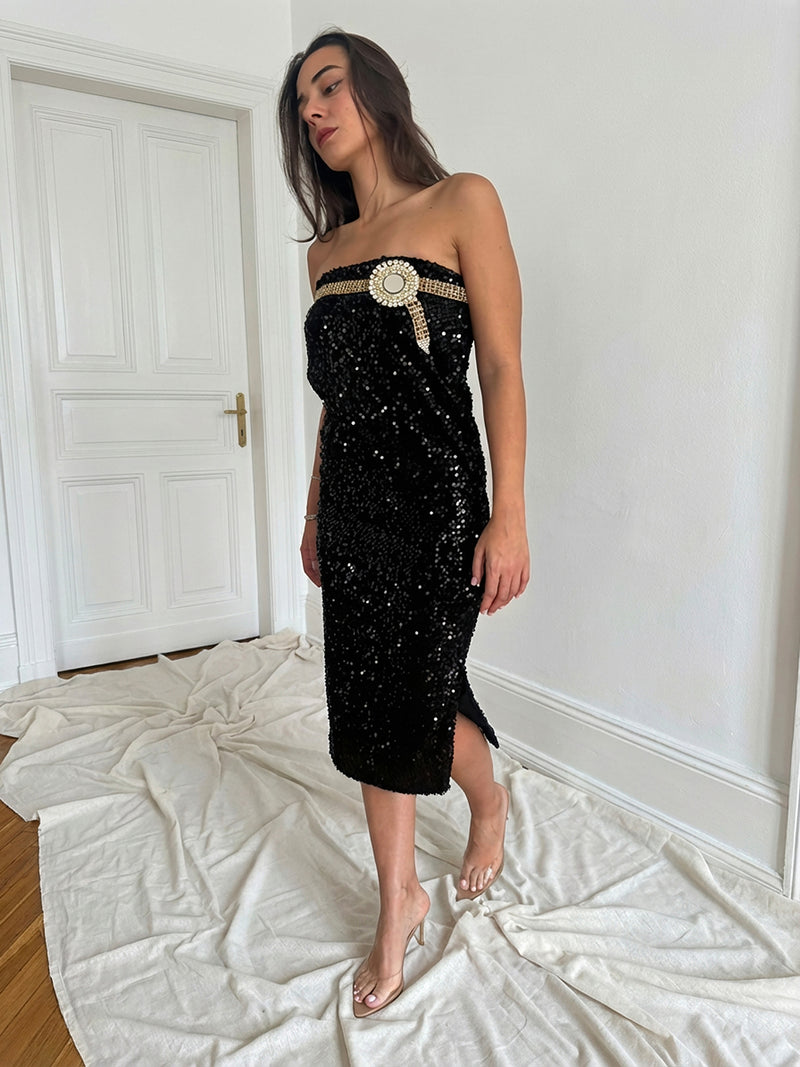Black sequin midi crystal dress
