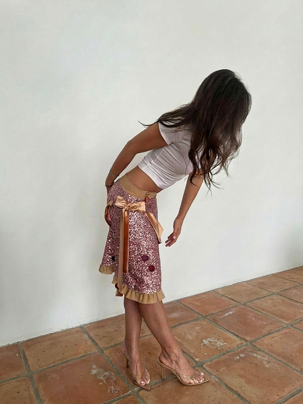 Pink sequin bow midi skirt