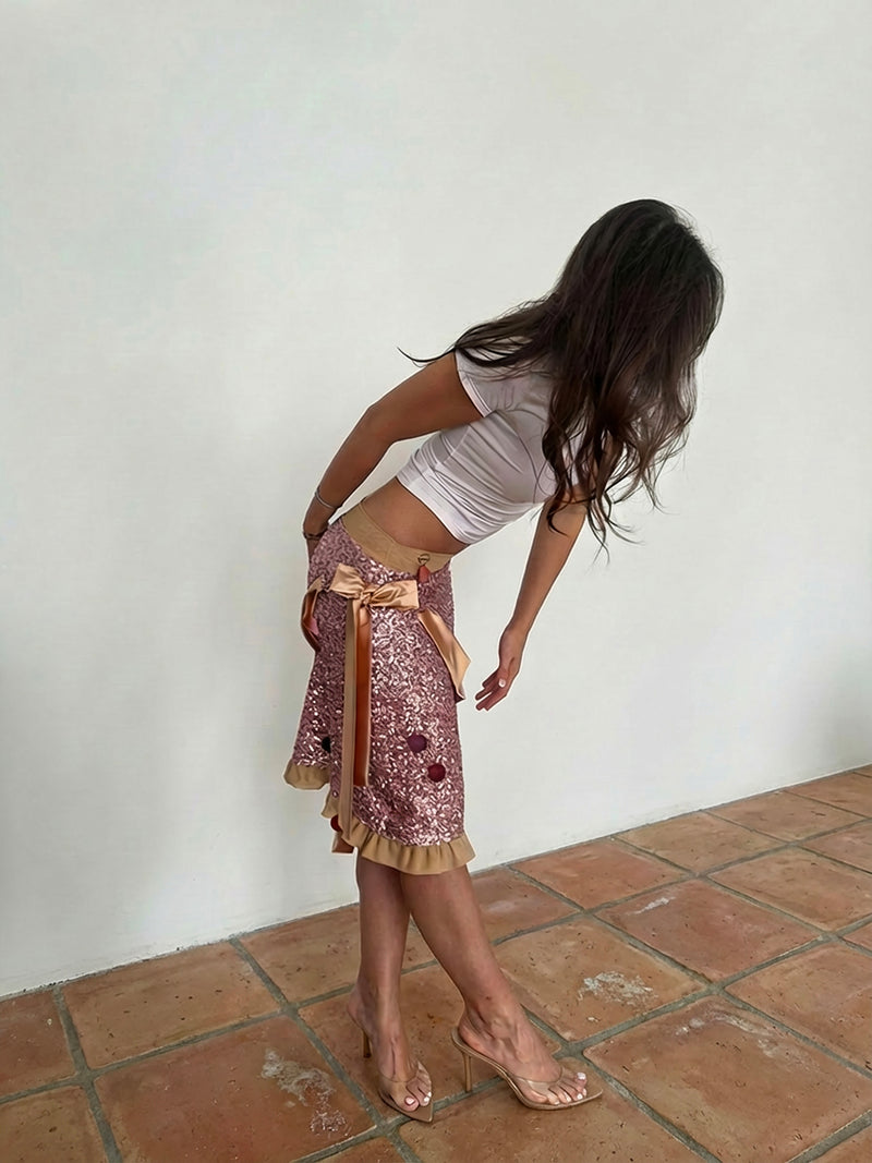 Pink sequin bow midi skirt