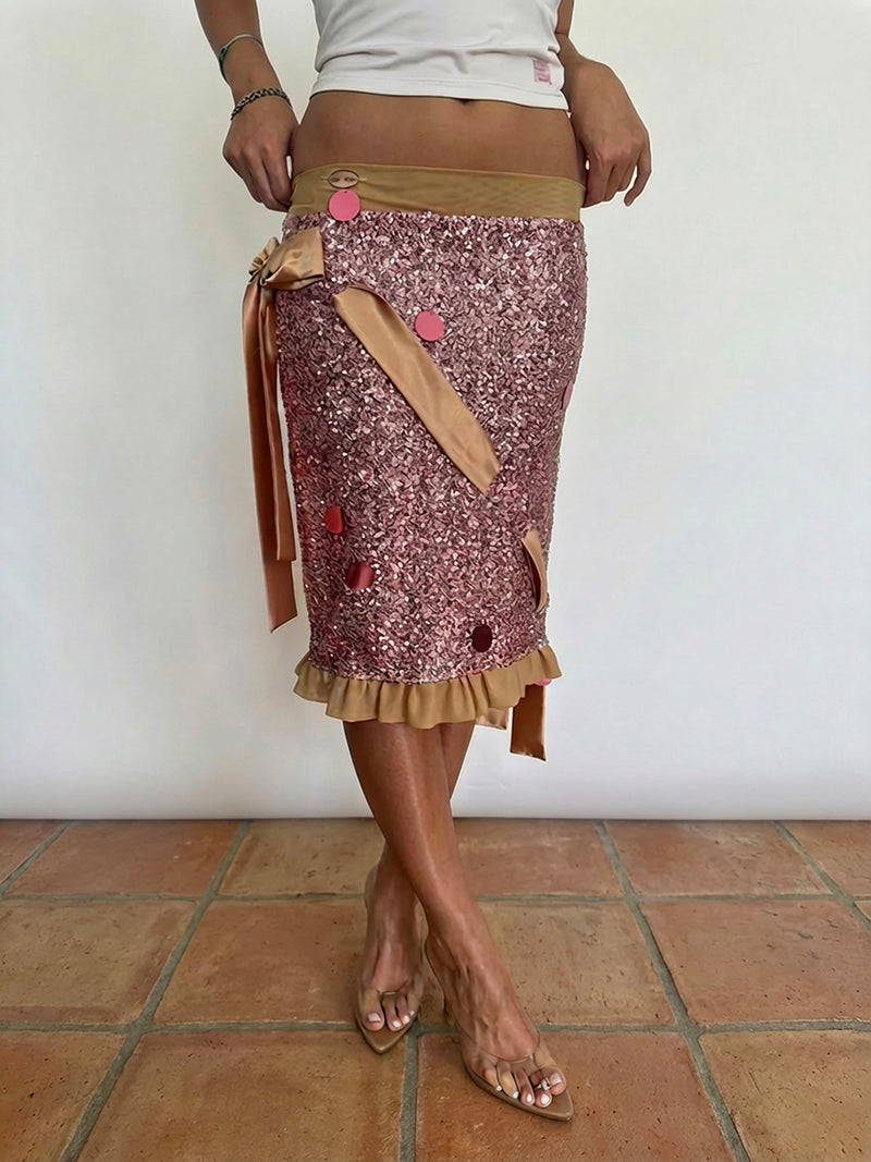 Pink sequin bow midi skirt