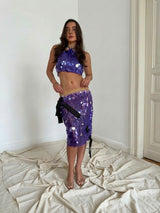 Purple sequin bow midi skirt
