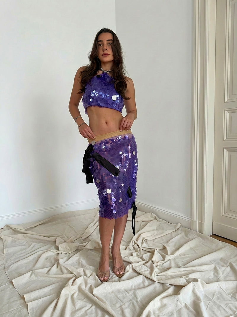 Purple sequin bow midi skirt