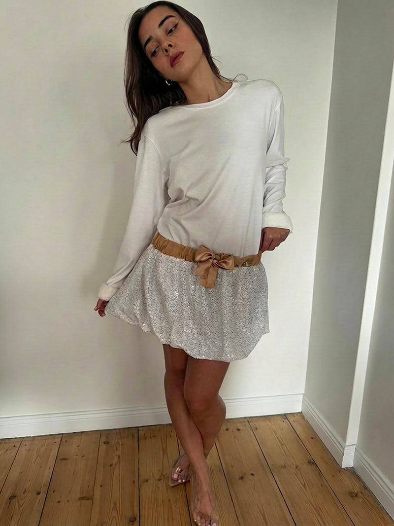 White sequin long-sleeve tee dress