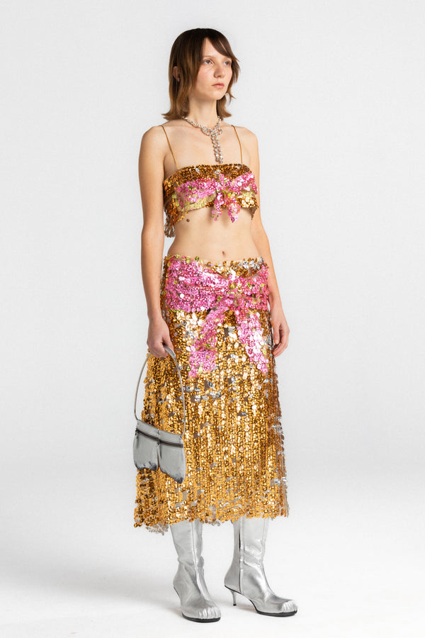 Gold & Pink Bow Sequin Midi Skirt
