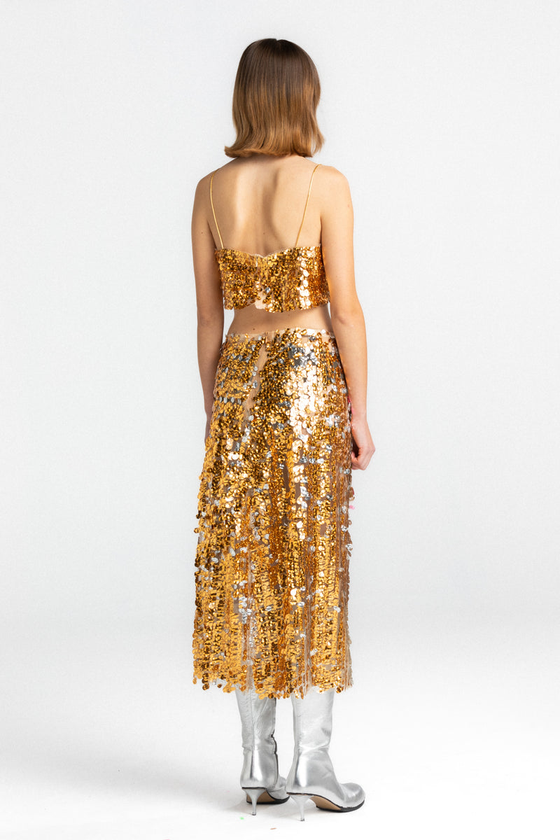 Gold & Pink Bow Sequin Midi Skirt CULT FORM Gold & Pink Bow Sequin Midi Skirt CULT FORM
