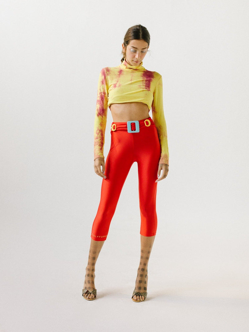 Red Colorful Buckles Midi Tights