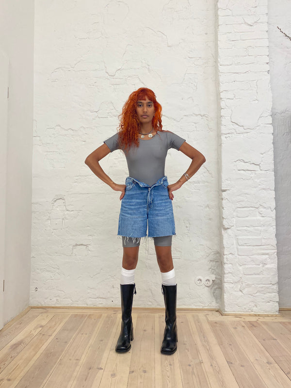 Gray Short Sleeve Biker Catsuit