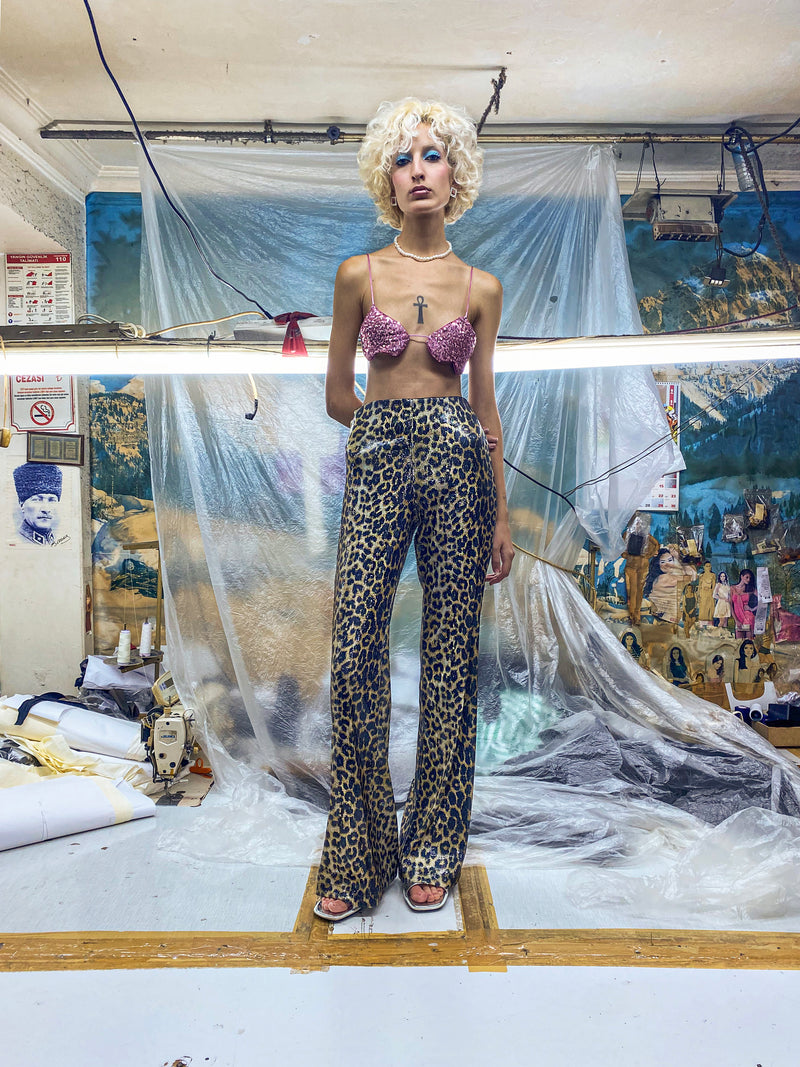 LEOPARD SEQUIN FLARED TIGHTS