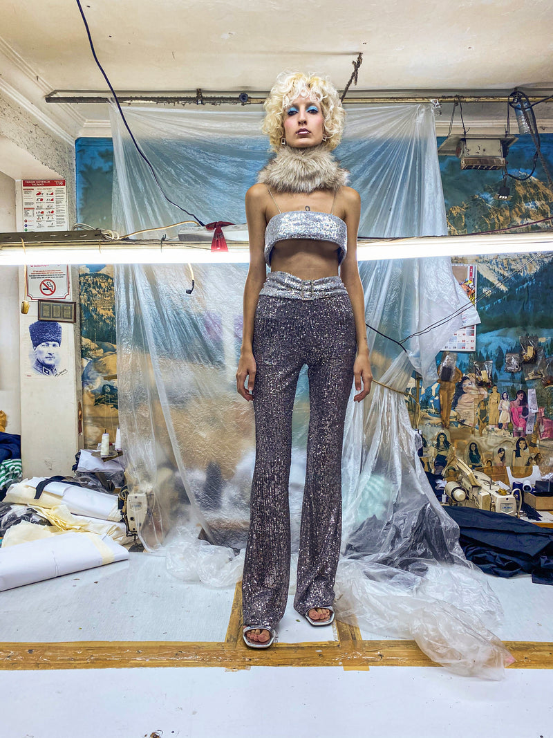 SILVER SEQUIN FLARED TIGHTS