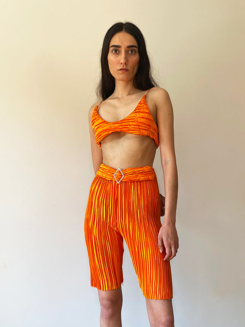 Orange Pleat Biker Tights