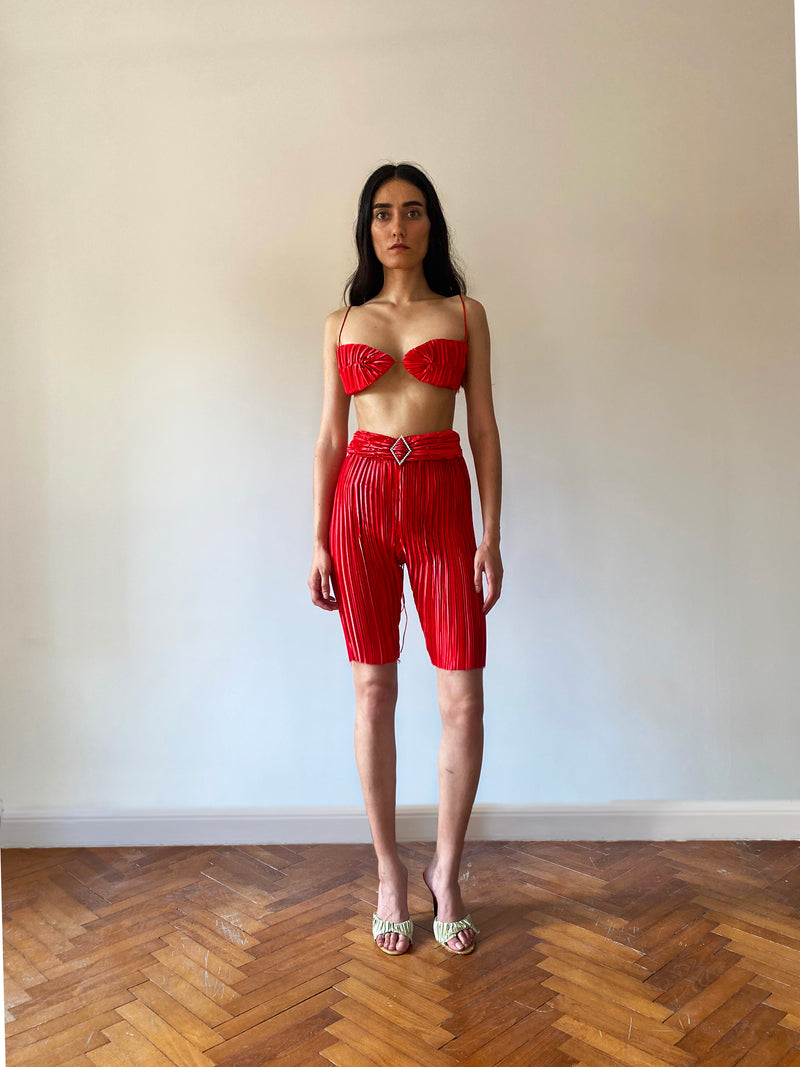 Red Pleat Biker Tights