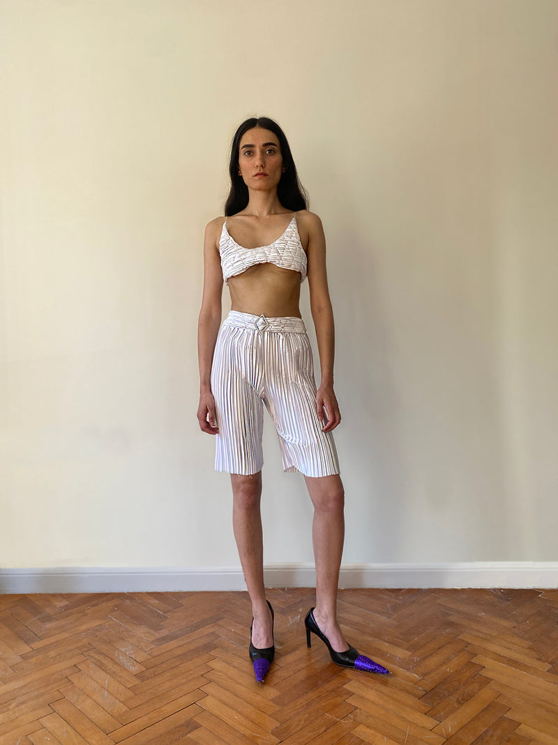 White Pleat Biker Tights